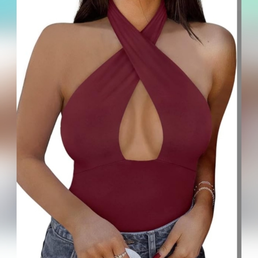 NWOT REORIA Criss Cross Halter Neck Top Thong BodySuit Burgundy XL